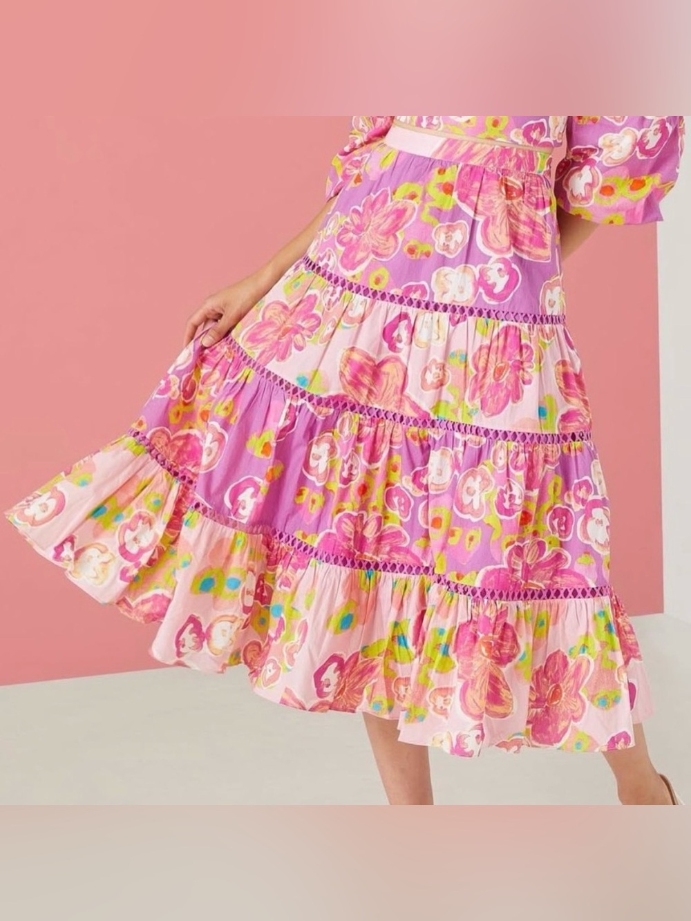 ALIVIA Caroline Floral Tiered Midi Skirt Colorful Bright Women's Size Large